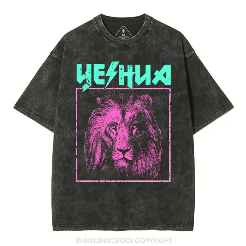 [ Mineral Wash ] Retro Lion Yeshua Christian TShirt Jesus Graphic Washed Style Shirt