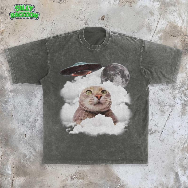 [ Mineral Wash ] Retro Ufo Cat Meme Tee , Cat Vintage Graphic Shirt , Weird Cat Shirt , Cat Lover Washed Gift , Absurd Meme Shirt , Unhinged Tee , Cat Mom Dad Washed Gift