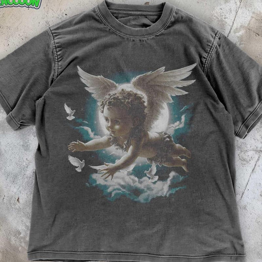 [ Mineral Wash ] Retro Y2K Cherub Graphic TShirt , Vintage Angelcore Washed, Streetwear Clothing , Grunge Dark Angel Tee , Distressed Tee