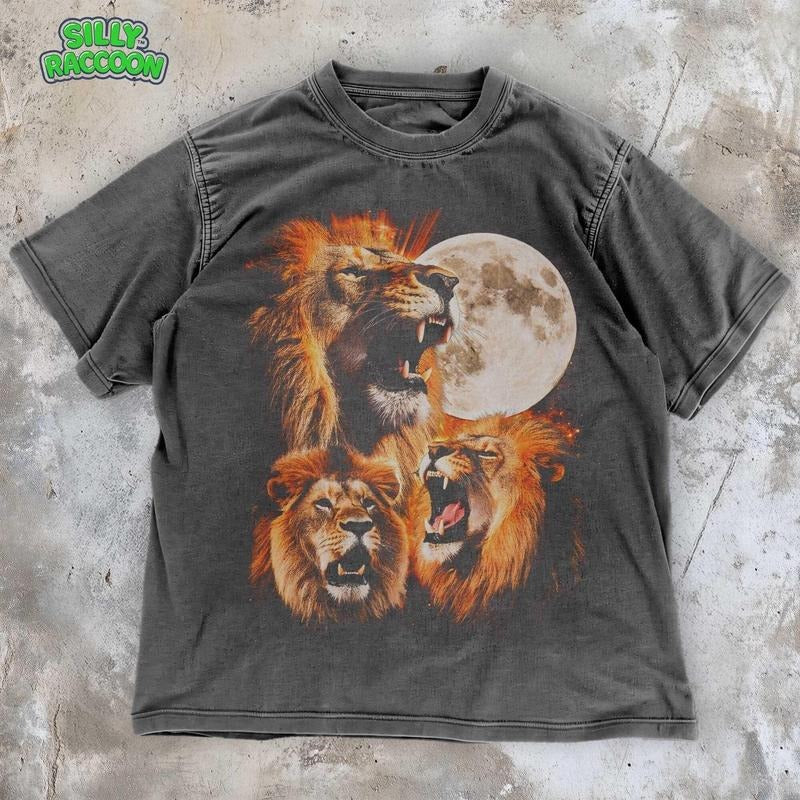 [ Mineral Wash ] Three Lion Graphic Tee , Vintage Style Moon Shirt , Retro Lion TShirt , Celestial Moonlit Wildlife Tee , Animal Lover Washed Gift