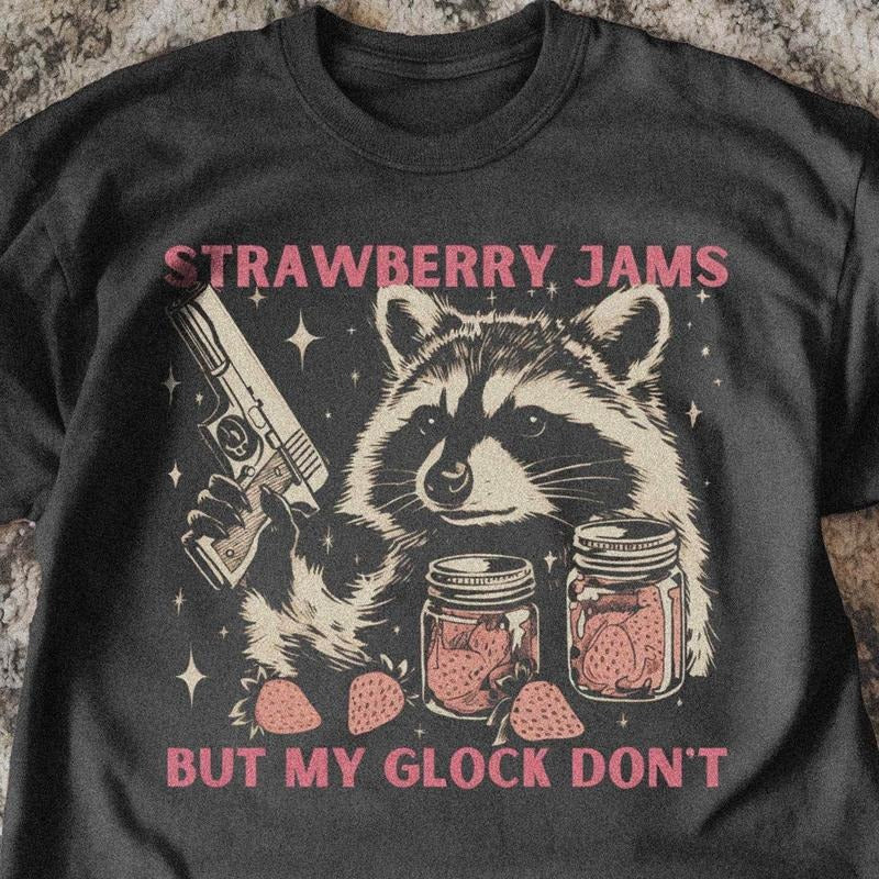[ Mineral Wash ] Vintage Strawberry Jams Raccoon TShirt , Retro Trash Panda Tee , Funny Animal Pun Shirt , Raccon Meme Tee , Trendy Animal Lover Washed Gift