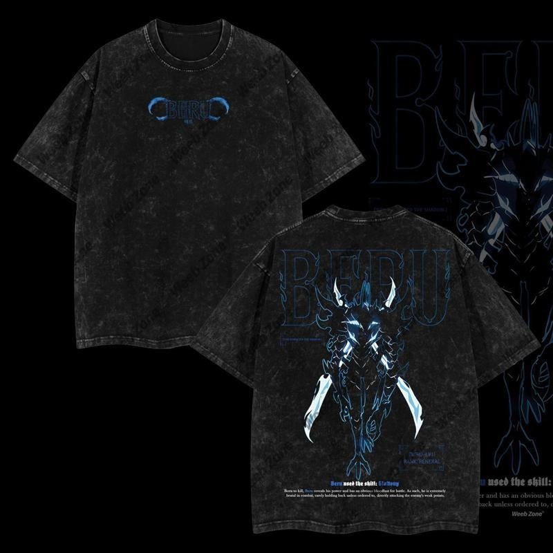 [ Mineral Wash ] Washedition Sung JinWoo Solo Leveling Anime Double Printed Oversize Lightweight Washed Tee, Gift For Anime Fan King Of Insects Beru