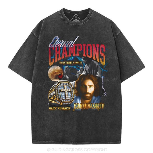 [Mineral Wash Shirt] Eternal Champion Jesus Christian Washed Shirt Jesus Graphic Style Shirt Crewneck Casual