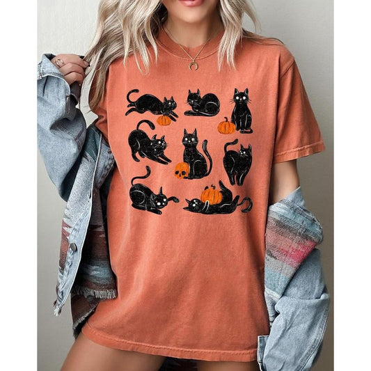 Mini Cats and Pumpkins, Skeleton, Witch, Ghost, Skull, Spooky, Aesthetic, Meme, Halloween, Costume, Tshirt, Women's Comfort Color Tee, Tshirt