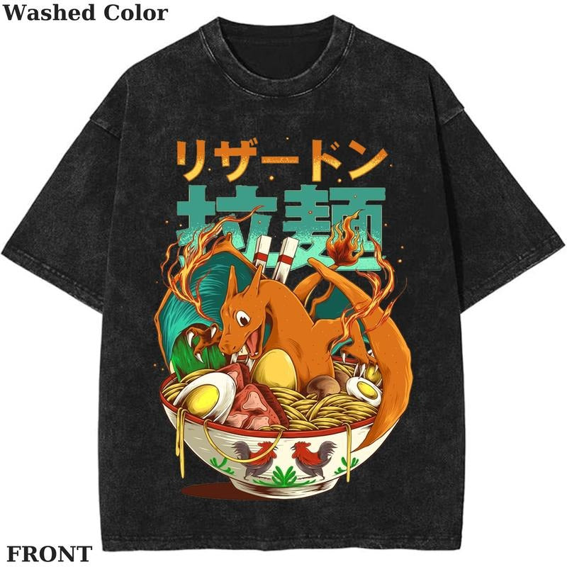 Miniso-Charizard Ramen Pokemon Graphic T-Shirt, Pokemon T-Shirt, PKM Shirt, Anime Funny Shirt, Vintage Tee Streetwear Shortsleeve Printed Womenswear