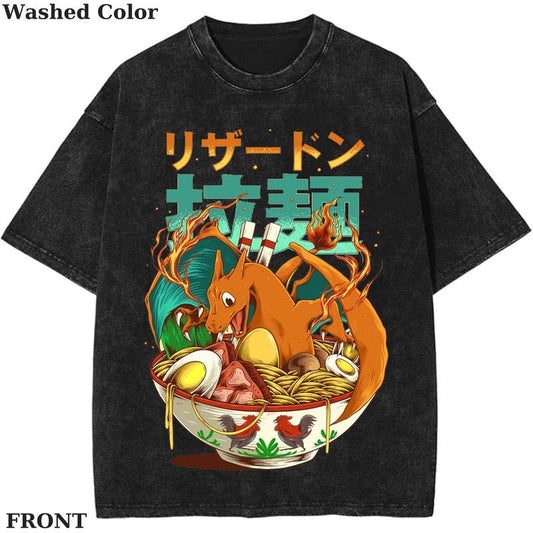 Miniso-Charizard Ramen Pokemon Graphic T-Shirt, Pokemon T-Shirt, PKM Shirt, Anime Funny Shirt, Vintage Tee Streetwear Shortsleeve Printed Womenswear