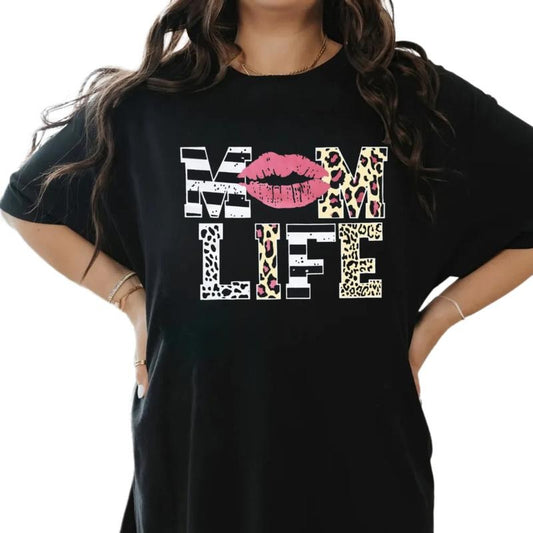 Mom Life T Shirts, Leopard Lips Stripe Graphic Tee, Funny Letter Printed Tee, Mother's Day Gift For Mom, Short Sleeve Crew Neck Top, Classic Streetwear