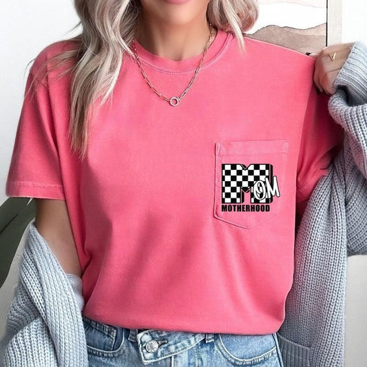 Mom, Motherhood, Retro, Checkered, Pocket Tee, Women's Comfort Colors Tee
