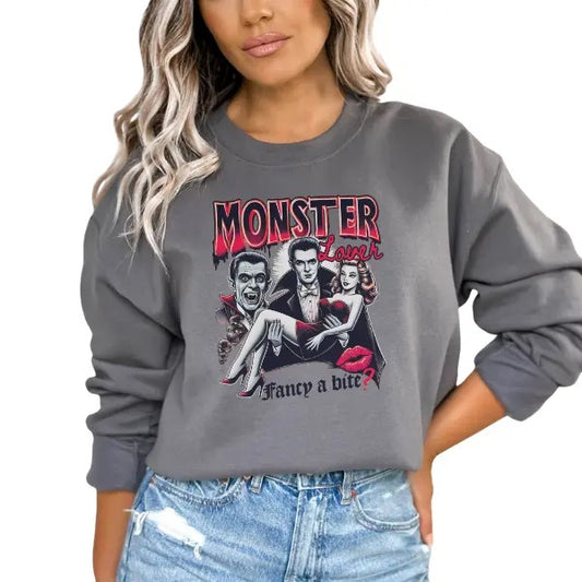 Monster Lover, Fancy a Bite - Retro-Inspired Unisex Long Sleeve Crewneck Sweatshirt | Vintage Pin-Up Girl & Vampire Design | Halloween Vibes | Playful & Fun Style | Sizes Small to 5X | Perfect for Spooky Season | Comfortable & Stylish Sweatshirt for All