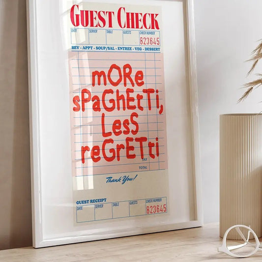 More Spaghetti Less Regretti Guest Check Poster, Funny Quote Wall Art, Kitchen Decor, Trendy Retro Wall Art Funky Decor, Poster Prints No Frame, Gifts For Women Bedroom Wall Decor, Large Wall Art, Gifts For Birthday Christmas Xmas Artwork Landscape