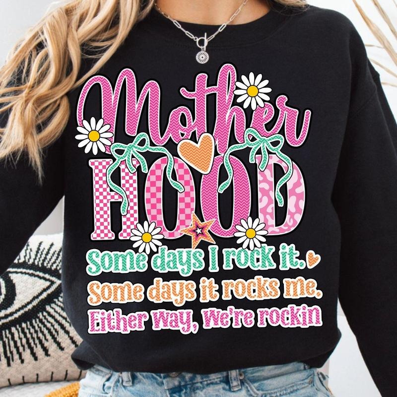 Motherhood Coquette Bow Tshirt Sweatshirt, Pink Checkered Pattern, Funny Sarcastic Mom, Mothers Day, Motherhood Gifts, Unisex Sweater Pullover Tee