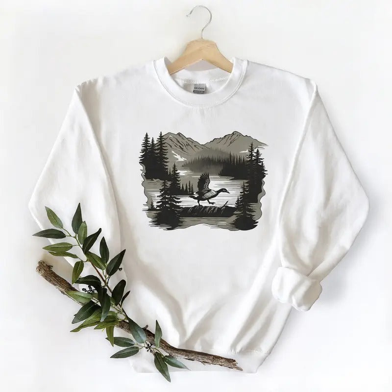 Mountains, Lake, Evergreens, Mallard Duck Unisex Tshirt Sweatshirt Hoodie, for duck hunters, husbands and Mallard duck lovers