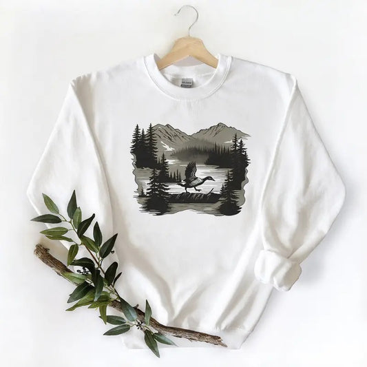 Mountains, Lake, Evergreens, Mallard Duck Unisex Tshirt Sweatshirt Hoodie, for duck hunters, husbands and Mallard duck lovers