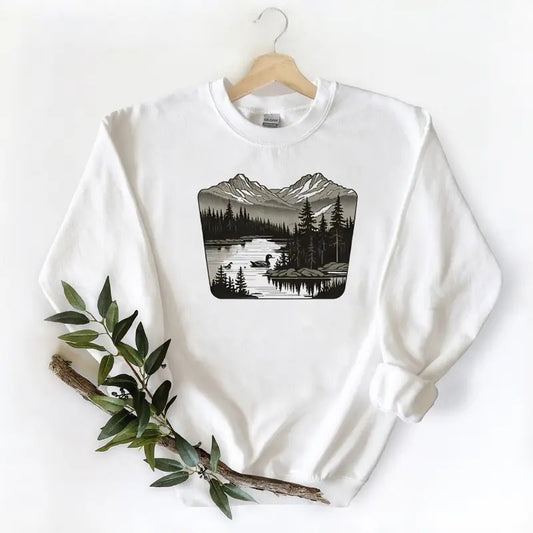 Mountains, Lake, Evergreens, Small Duck Unisex Tshirt Sweatshirt Hoodie, for duck hunters, husbands and Mallard duck lovers