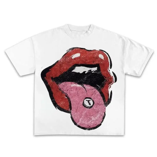 Mouth Letter Graphic Print Cotton Casual T-shirt Men Y2K Summer Short Sleeves Vintage Oversize Tshirt Streetwear Women Tops