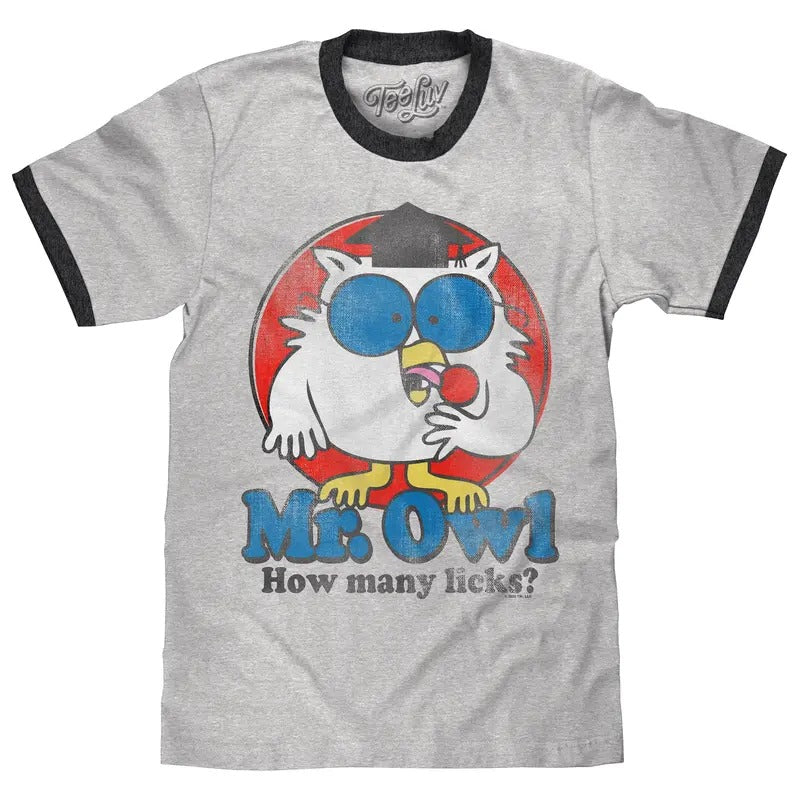 Mr. Owl How Many Licks? Ringer T-Shirt - Gray and Black