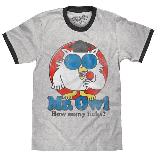 Mr. Owl How Many Licks? Ringer T-Shirt - Gray and Black