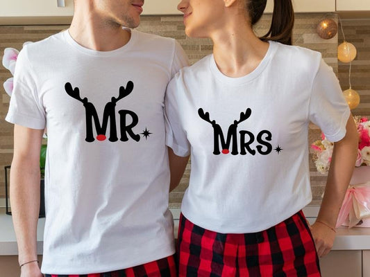 Mr And Mrs Christmas Shirt, Reindeer Married Couples Christmas T-Shirt, Matching Husband Wife Holiday Outfit, Future Mrs Gift Tee, Christmas Wedding Tee.