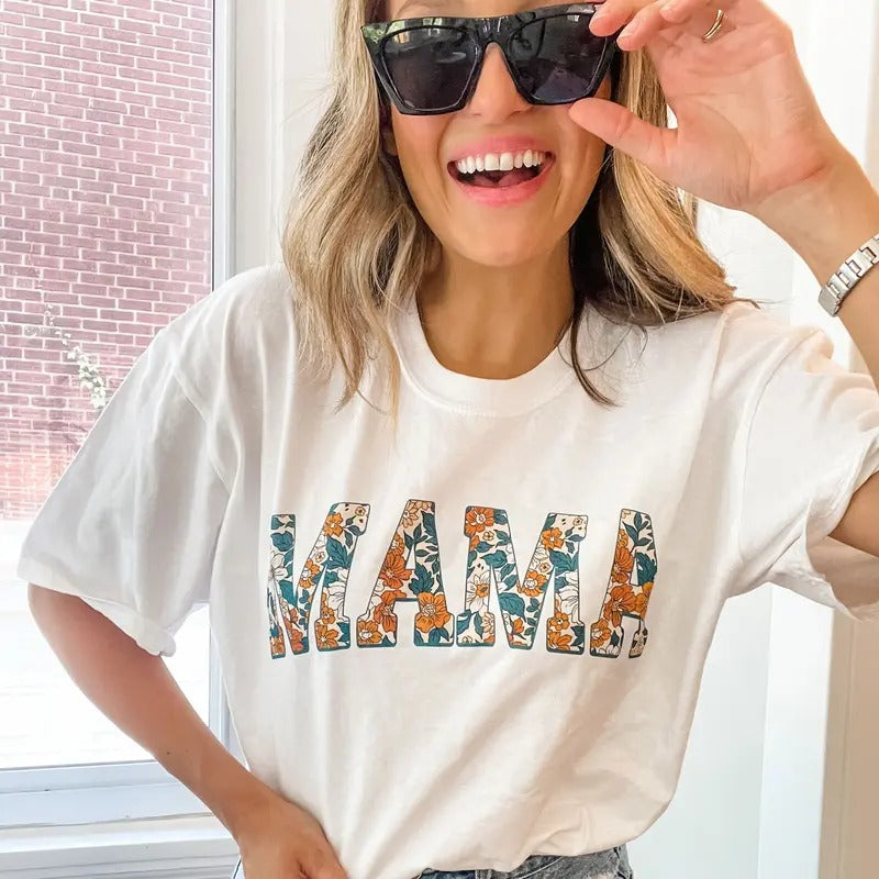 Multi-Floral Print MAMA T-Shirt, Summer MAMA Top  DTG Printed T-Shirt  Gift for Mom Womenswear Underwear Lady Tshirt Streetwear Comfort Casual Crewneck Round Neck
