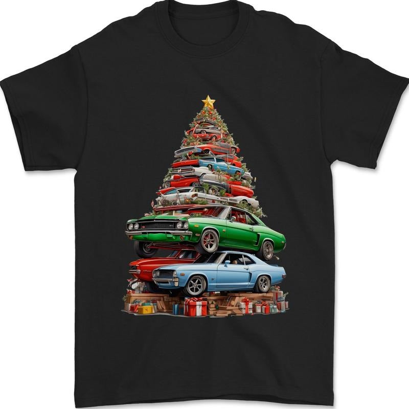 Muscle Car Christmas Tree Xmas Classic Mens T-Shirt Cotton Made in USA