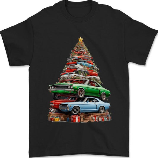 Muscle Car Christmas Tree Xmas Classic Mens T-Shirt Cotton Made in USA