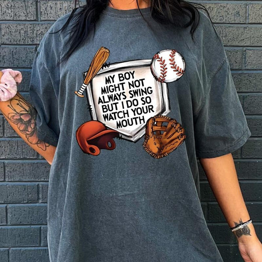 My Boy Might not aLways Swing But I Do BASEBALL SHIRT, Baseball Mom shirt COMFORT COLORS CASUAL COTTON T-SHIRT FOR MOMS Fabric Top Womenswear Garment Oversized Printed Underwear Lady