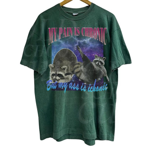 My Pain Is Chronic Raccon Vintage T-Shirt, Funny Retro Raccoon T Shirt, Weird T SHirt, Meme T Shirt, Trash Possums Tee, Bestie Wetsuit Baggy Cotton Menswear