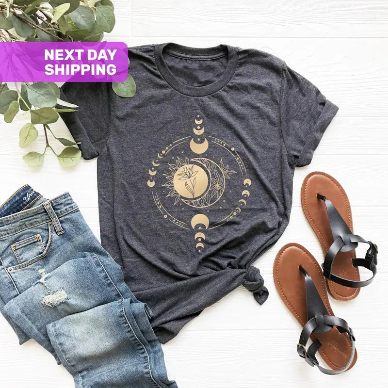 Mystic Moon And Sun Shirt, Celestial Moon Shirt, Boho Moon Shirt, Moon Phase T-Shirt, Boho Vintage Moon Shirt, Mystical Moon Phase Shirt