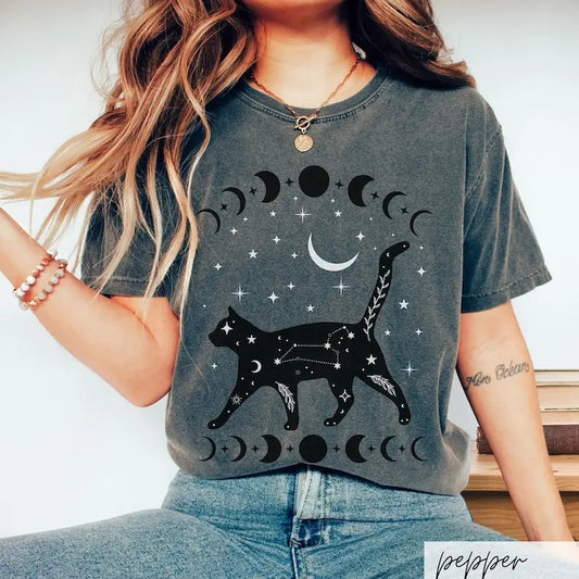 Mystical Cat Shirt, Celestial Moon Phase Witchy Cat Familiar Tee Shirt, Cute Leo Constellation Cat Lover Fall Gift Idea