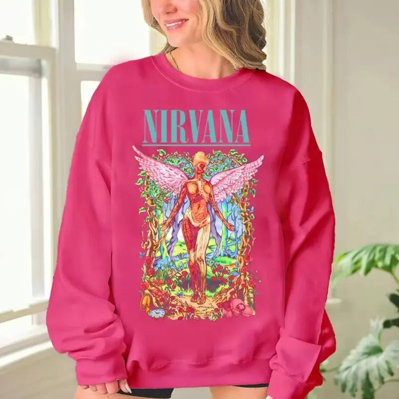 NIRVANA Angel Sweatshirt, Nirvana Band Sweatshirt, Music Lover's Sweatshirt, Gift For Her, 90s T-shirt Vintage Aesthetic, Y2K Clothing, Y2K Fashion, Pink Nirvana Sweatshirt
