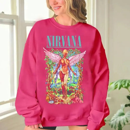NIRVANA Angel Sweatshirt, Nirvana Band Sweatshirt, Music Lover's Sweatshirt, Gift For Her, 90s T-shirt Vintage Aesthetic, Y2K Clothing, Y2K Fashion, Pink Nirvana Sweatshirt