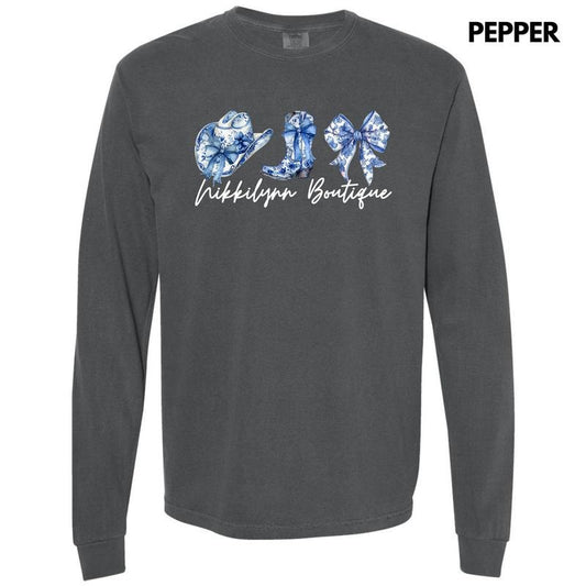 NLB MERCH - Blue Floral Trio Long Sleeve Comfort Colors T-Shirt 'NLB'