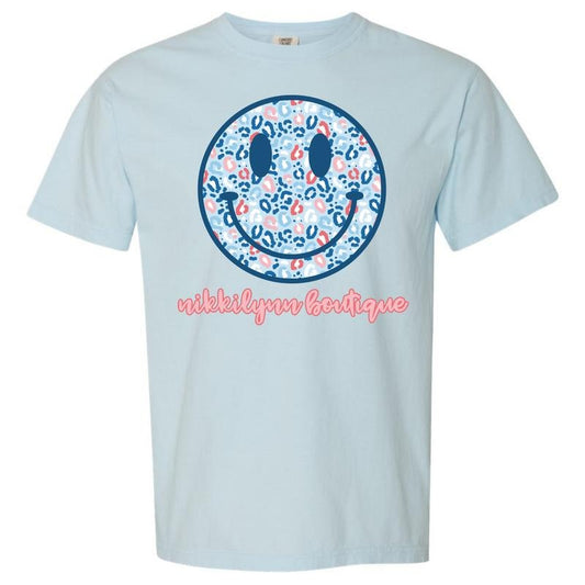 NLB Merch - Blue Patriotic Cheetah Happy Face Comfort Colors T-Shirt
