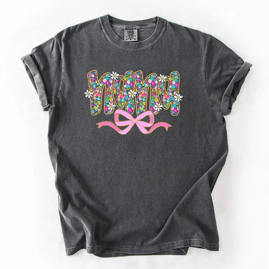Nana, Mother's Day, Ribbon, Bow, Floral, Flowers, Bright, Colorful, Pastels Tshirt, Women's Comfort Colors Tee