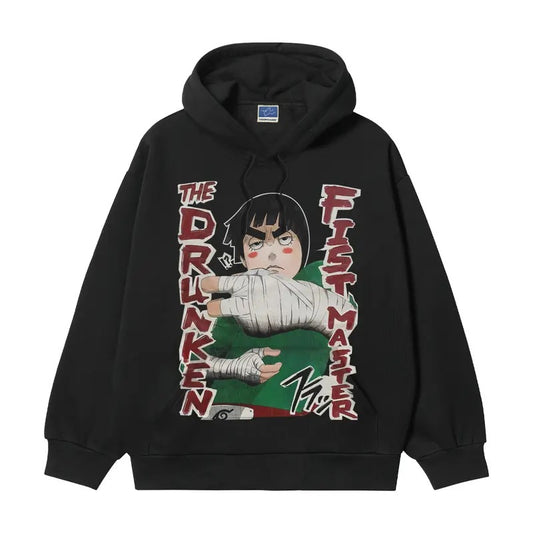 Naruto "Rock Lee" Heavyweight Vintage Hoodie Cotton Blend Classic Anime Sweatshirt Menswear Tops Pullover Long Sleeve Casual Biker Black Baggy Crewneck