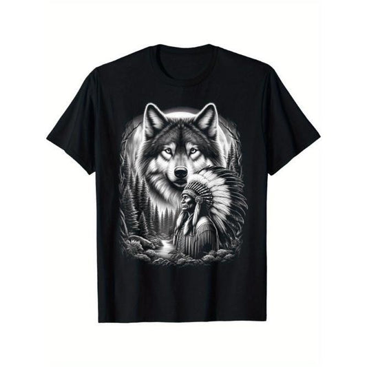 Native American Indian and Wolf Feathers Chief Art T-Shirt Made in USA