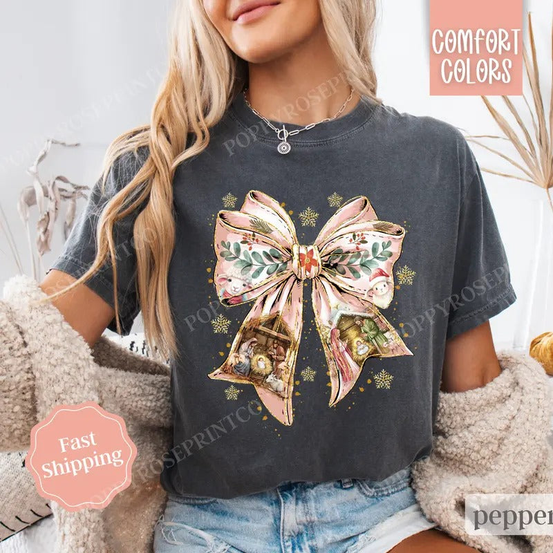 Nativity Bow Christmas Shirt Comfort Colors, Religious Christmas Tee, Women's Holiday Tshirt