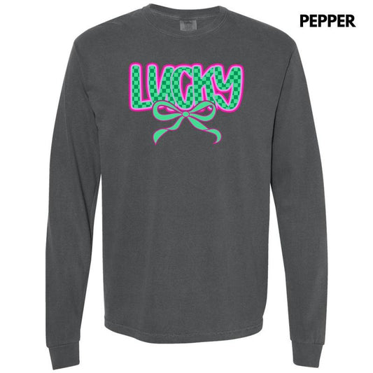 Neon Lucky Checkered Long Sleeve Comfort Colors T-Shirt 'NLB'