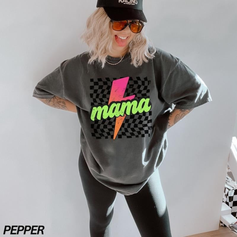 Neon Mama Shirt, Checkered Mama Shirt, Lightning Bolt Shirt, Mothers Day Gift, Retro Checkered Mom Tshirt, Gift for Her