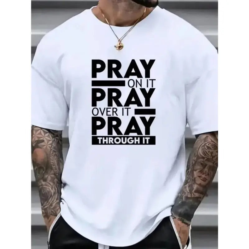 New PRAY Printed T-Shirt, Street Short Sleeve Cotton T-Shirt, Men's T-Shirt Comfort Fit Crew Neck T-Shirt - Super Soft, Breathable, Moisture-Wicking, Casual Summer T-Shirt Made in USA