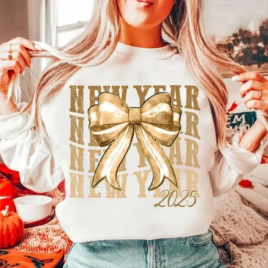 New Year 2025 Yellow Coquette Bow Retro Crewneck Sweatshirt, 2025 Soft Girl Era, Soft Mom, Coquette Bow New Year Tee, New Year Gift
