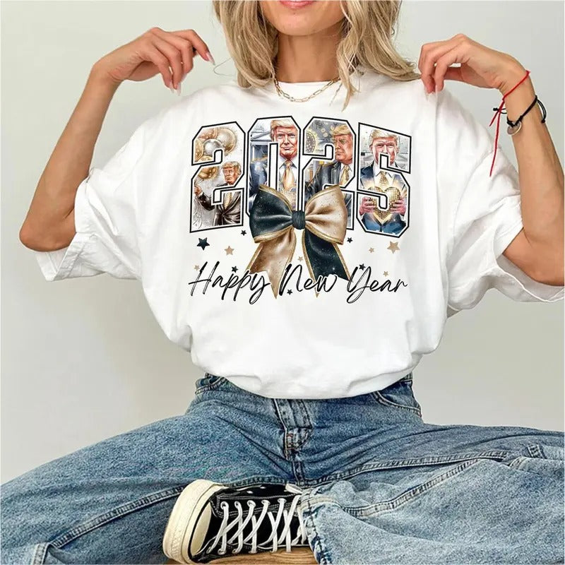 New Year Trum 2025 Coquette Bow Bundle Happy New Year 2025 Era Meet Me At Midnight Retro Disco Ball Trendy Shirt