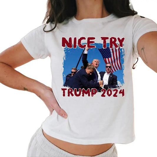 Nice Try Trump 2024 Baby Tee, Donald Trump Rally Baby Tees, I Will Fight Trump Casual Comfort