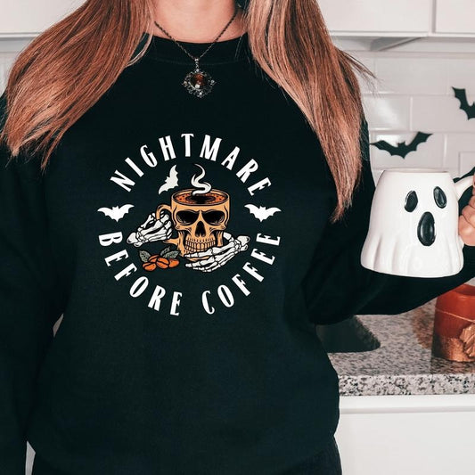 Nightmare Before Coffee Sweatshirt, Halloween Skull Hoodie, Unisex Coffee Lover Gift Sweater, Spooky Season Long Sleeve.