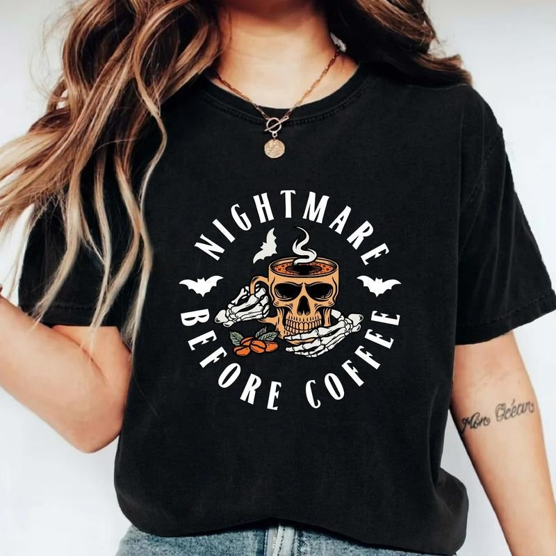 Nightmare Before Coffee T-Shirt, Halloween Skull Shirt, Unisex Coffee Lover Gift Tee, Spooky Season Tee