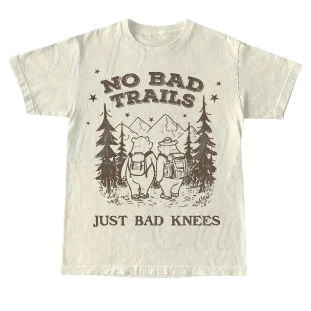 No Bad Trails Just Bad Knees Cute Bears Hiking Vintage T-Shirt, Funny Teddy Bears T Shirt, Retro 90s Forest Adventure Mountains Shirt Menswear Top Shortsleeve