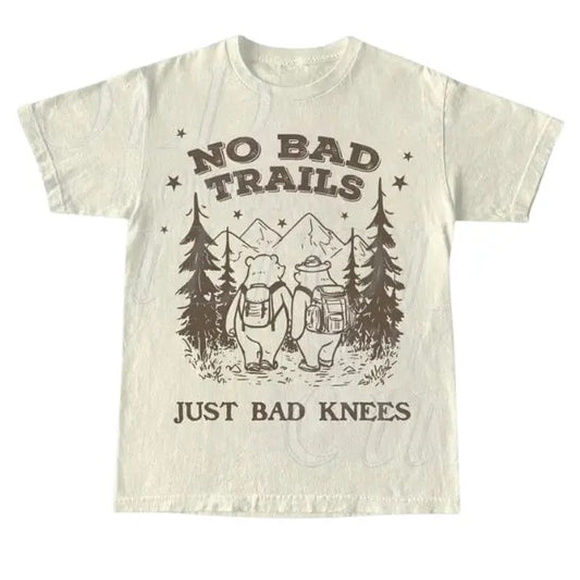 No Bad Trails Just Bad Knees Cute Bears Hiking Vintage T-Shirt, Funny Teddy Bears T Shirt, Retro 90s Forest Adventure Mountains Shirt Menswear Top Shortsleeve