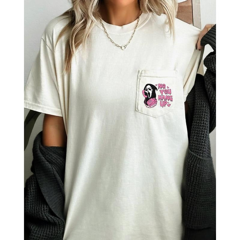 No You Hang Up, Halloween Pocket Tee, Women's, Comfort Colors Tee, Spooky, Tshirt, Witch, Pumpkin, Ghost, Skeleton