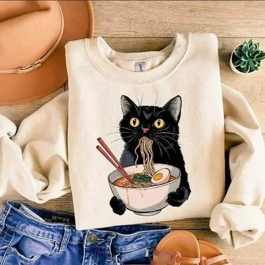 Noodle Cat Shirt, Ramen Cat Mom Sweatshirt, Cat Lovers Shirt, Black Cat Noodle Shirt, Retro Black Cat Tees, Cat Lover Sweatshirt, Cat Lover