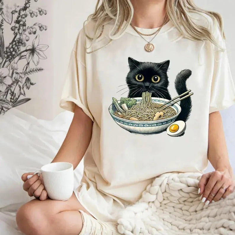 Noodle Cat Shirt, Ramen Cat T-Shirt, Foodie Lover Shirts, Black Cat Noodle Long Sleeve , Retro Cat Tees, Cat Lover Gift